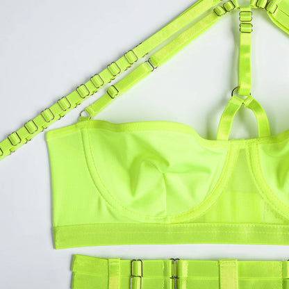 Conjunto de lencería sexy para mujer, con panel de encaje, escote en V profundo, glúteos abiertos, tirantes con forma de corazón de melocotón, cadena cruzada, liguero, ropa interior de tres piezas