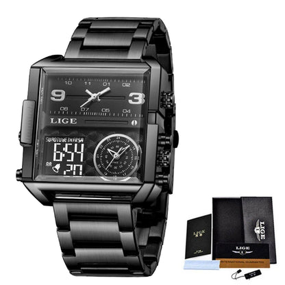 Reloj LIGE de acero negro para hombre, reloj digital con doble pantalla, cronógrafo deportivo, resistente al agua, de cuarzo, estilo militar