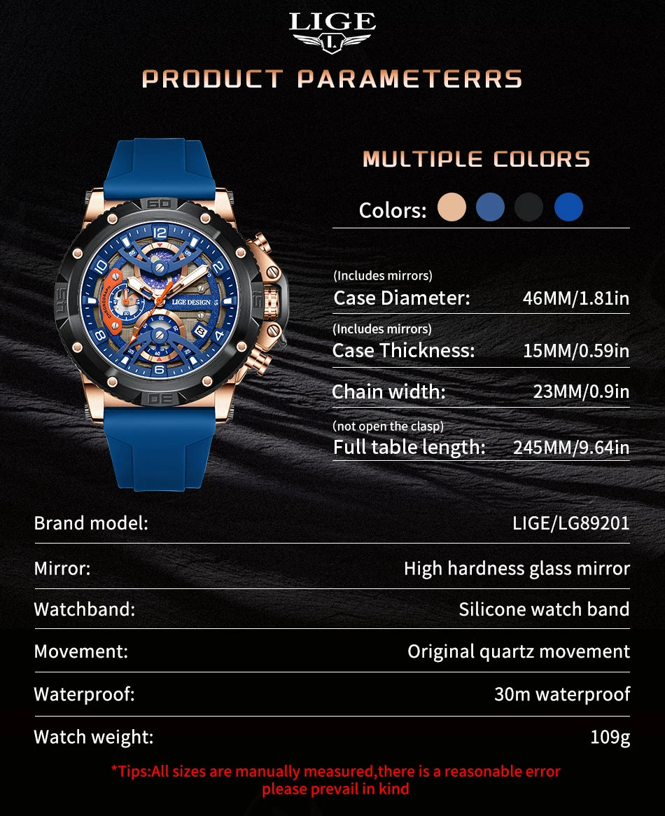 Reloj deportivo LIGE para hombre, de primera marca, de silicona, de lujo, con cronógrafo, esfera pequeña, función de cuarzo, resistente al agua, luminoso.