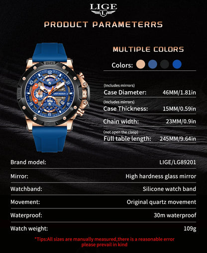 Reloj deportivo LIGE para hombre, de primera marca, de silicona, de lujo, con cronógrafo, esfera pequeña, función de cuarzo, resistente al agua, luminoso.