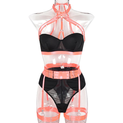 Conjunto de lencería sexy para mujer, con panel de encaje, escote en V profundo, glúteos abiertos, tirantes con forma de corazón de melocotón, cadena cruzada, liguero, ropa interior de tres piezas