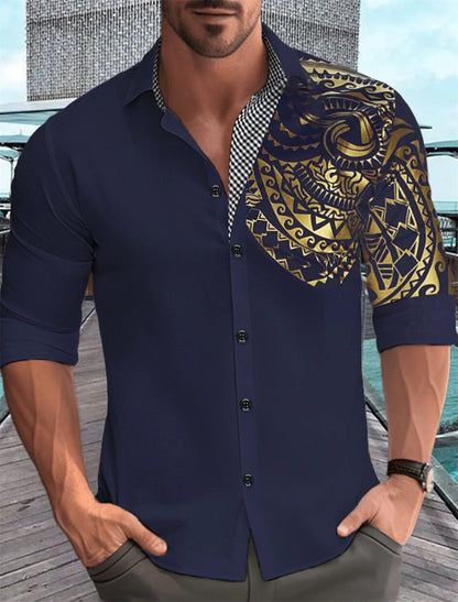 Camisa de hombre con estampado dorado, blanca, negra, roja, manga larga, cuello con botones, estilo casual y moderno, tallas grandes.