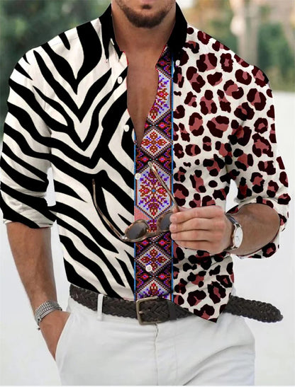 Camisa de hombre con estampado dorado, blanca, negra, roja, manga larga, cuello con botones, estilo casual y moderno, tallas grandes.