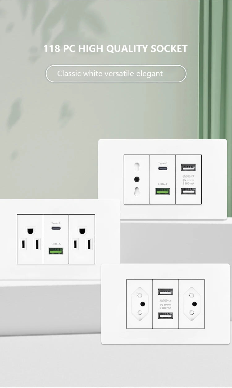 Enchufe de pared USB inteligente tipo C de 20 W con carga rápida para Italia, Chile y México; panel de interruptor de luz eléctrico de Brasil con toma USB-C universal.
