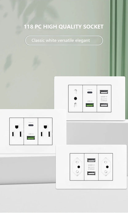 Enchufe de pared USB inteligente tipo C de 20 W con carga rápida para Italia, Chile y México; panel de interruptor de luz eléctrico de Brasil con toma USB-C universal.