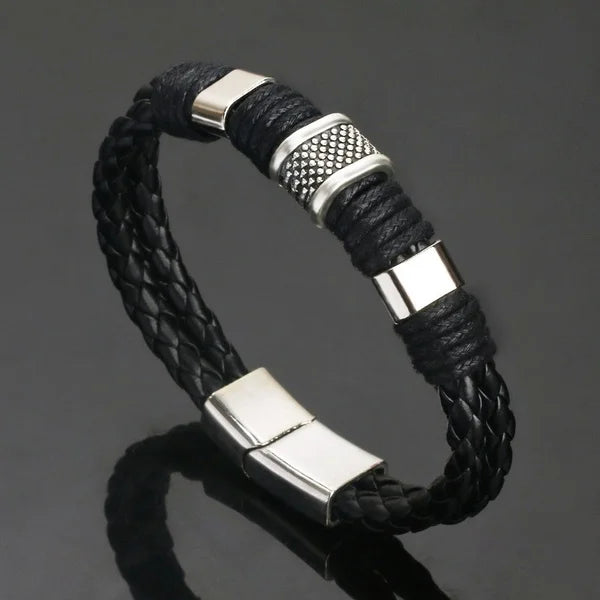 Pulseras vintage de cuero marrón para hombre, brazalete de cuerda trenzada multicapa de acero inoxidable, regalo para marido.