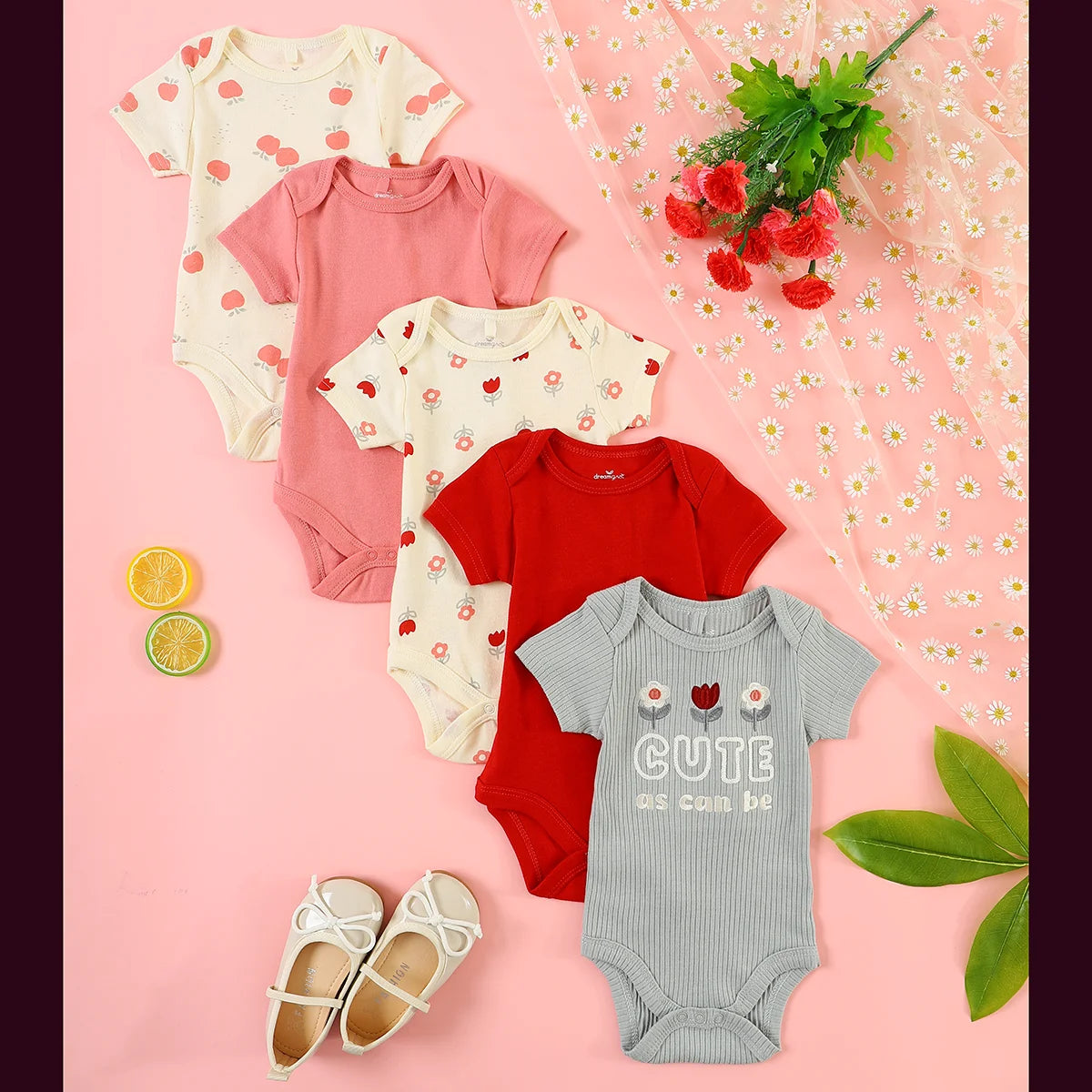 Ropa para bebé niña, 5 piezas, mono de bebé niña, ropa para bebé recién nacida, mono de verano de manga corta, adecuado para 0 a 9 meses