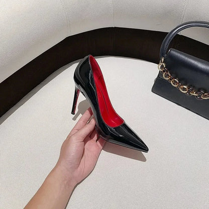 Zapatos de tacón alto con suela roja y charol negro, puntera puntiaguda, sin cordones, tacón fino, sexys, para discoteca, trabajo, temporada de verano.