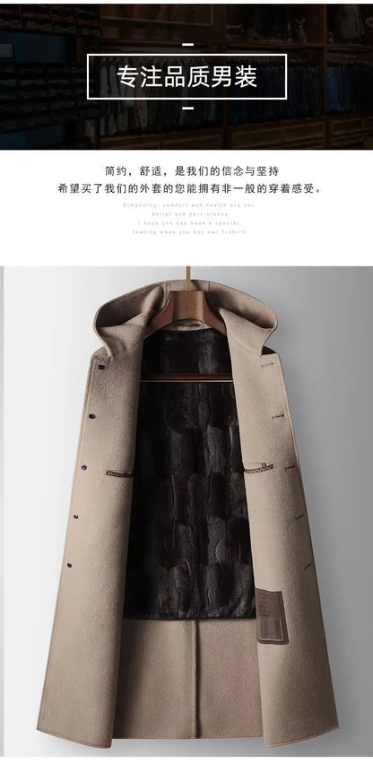 2024 Winter New Men's Hoodie Medium Long Woolen Coat Rabbit Plush Thick Warm Casual Coat High end Fabric 100% Pure Wool