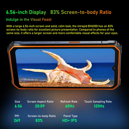 Teléfono resistente Blackview BV6200 con pantalla IPS HD+ de 6,56 pulgadas, batería de 13000 mAh, 8 GB (4+4) de RAM, 64 GB de almacenamiento, cámara de 13 MP, GPS, Android 13 y certificación IP68/IP69K.