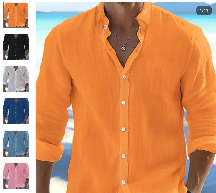 Camisa lisa de lino y algodón de color liso para hombre, camisa clásica de manga larga con solapa y botones, holgada, a la moda para primavera y verano