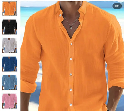 Camisa lisa de lino y algodón de color liso para hombre, camisa clásica de manga larga con solapa y botones, holgada, a la moda para primavera y verano