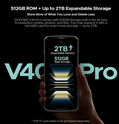 Teléfono robusto DOOGEE V40 Pro 5G versión global, pantalla de 6,78", 16 GB + 512 GB, dimensiones 7300, cámara con IA de 200 MP, 8680 mAh, cargador rápido de 33 W.