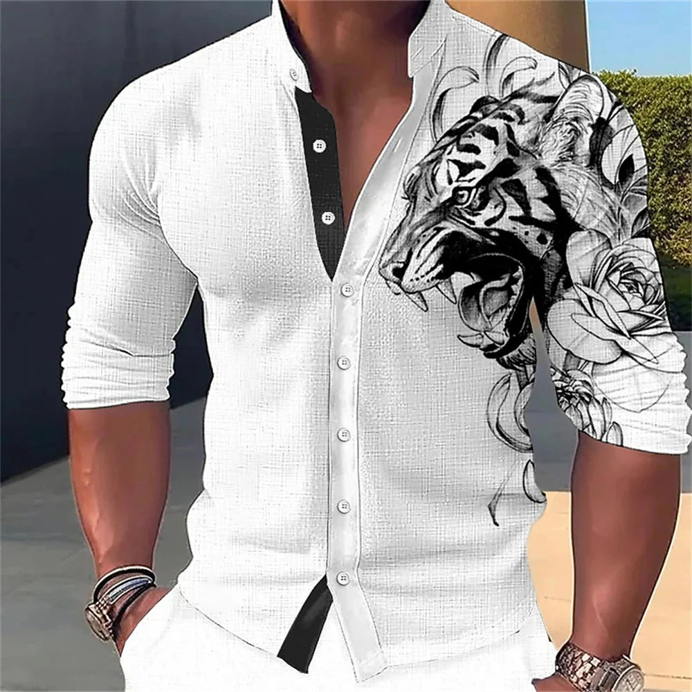 Camisa de manga larga para hombre con estampado abstracto 3D, cuello alto y botones. Diseños de moda urbana. Ropa de hombre.