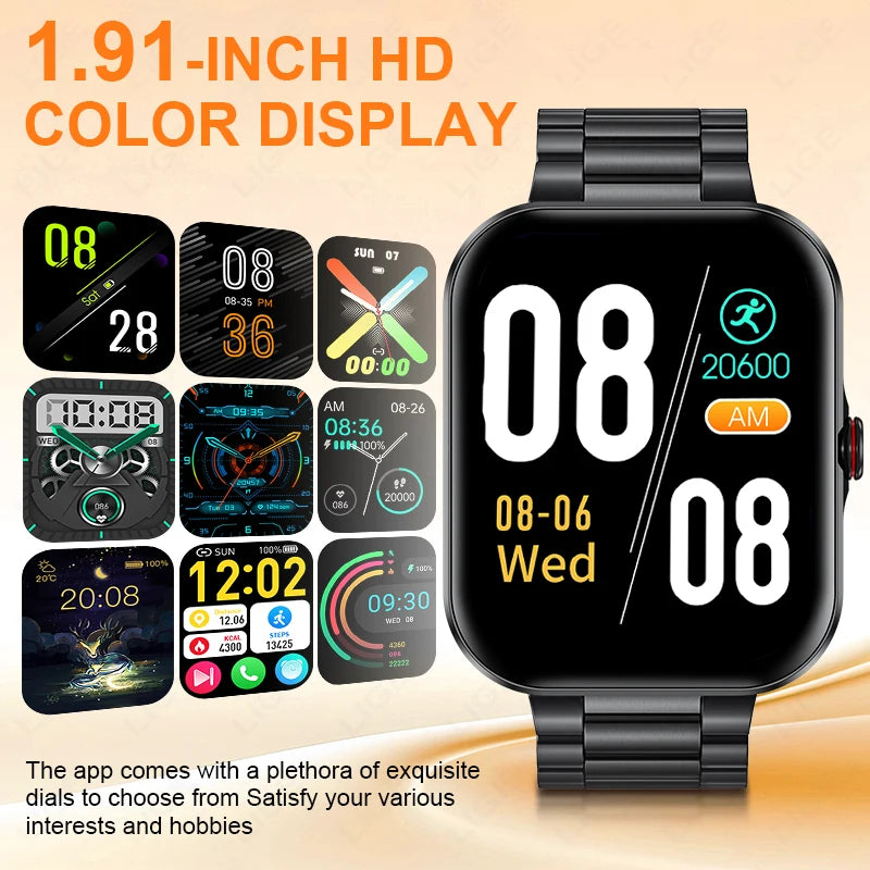 LIGE - Reloj inteligente para hombre, pantalla de 1,91 pulgadas, Bluetooth, llamadas, más de 100 modos deportivos, monitorización del sueño, resistente al agua, para mujer (regalo 2025)