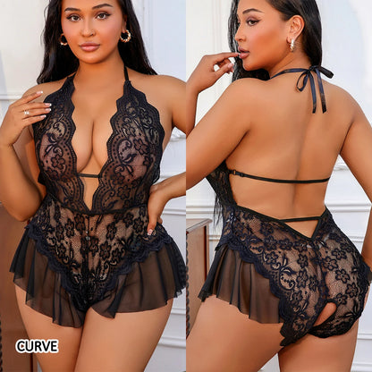 Lencería sexy sin entrepierna con curvas 1XL-4XL para mujer, conjunto de sujetador hueco de encaje transparente con escote en V profundo, ropa interior sexy, disfraz erótico de talla grande