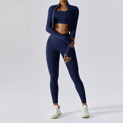 Conjunto de yoga de 3 piezas para mujer, conjuntos de entrenamiento, ropa deportiva para gimnasio, ropa deportiva con cremallera, leggings de manga larga y cintura alta, trajes deportivos, traje de yoga