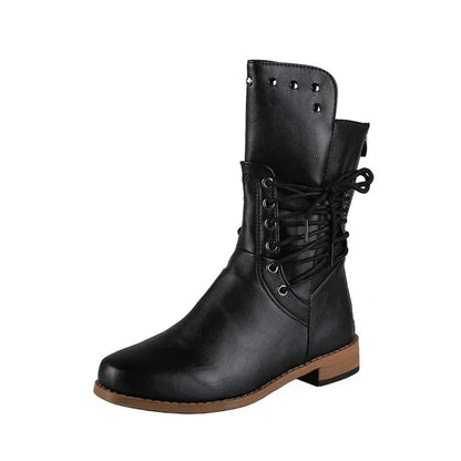 Botas de media caña con remaches para mujer, botines de caballero a la moda, estilo británico, para otoño e invierno, con cordones cruzados, de PU