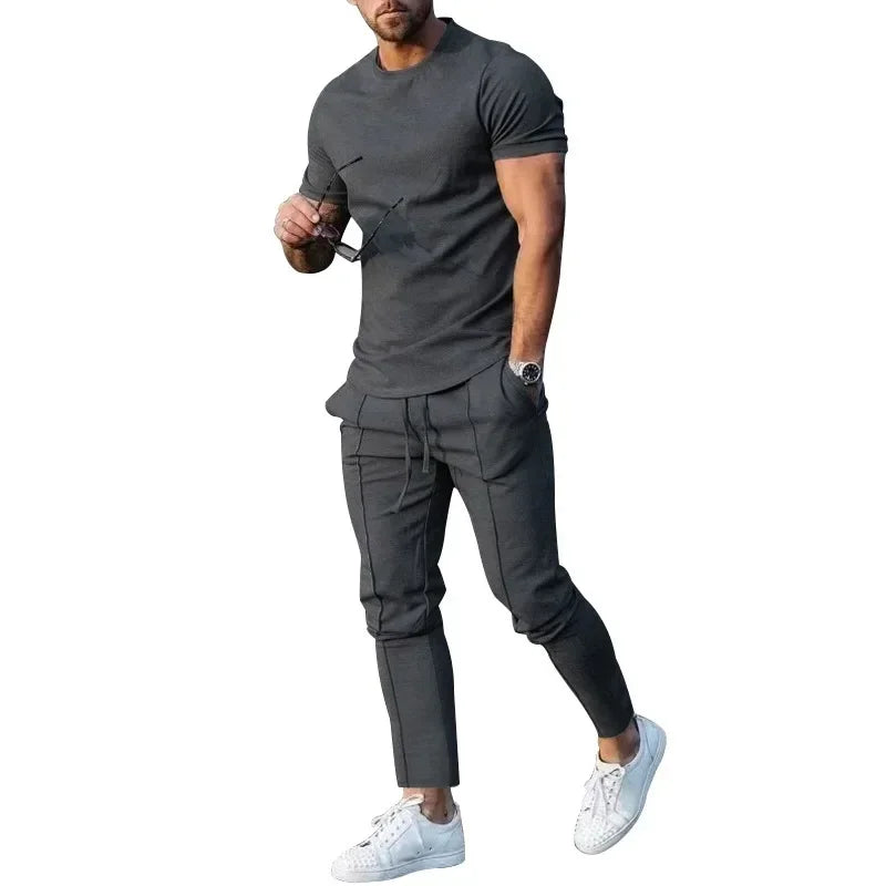 Conjunto deportivo para hombre, otoño 2023, verano, liso, informal, cuello redondo, manga corta, camiseta deportiva, conjunto de dos piezas para hombre