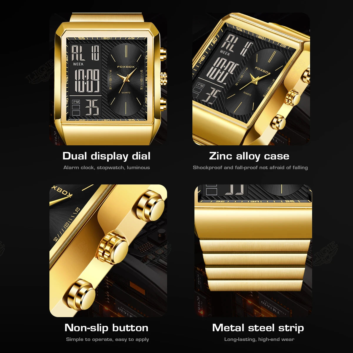 LIGE - Reloj digital cuadrado de moda para hombre, informal, deportivo, resistente al agua, de cuarzo, cronógrafo de lujo de la mejor marca FOXBOX