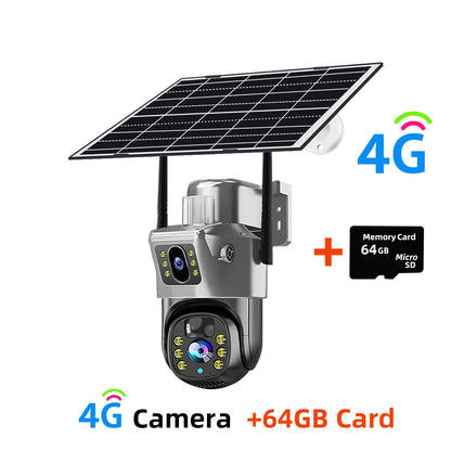 Cámara de seguridad CCTV V380 Pro 4K 8MP con 2 lentes, WiFi 4G, energía solar, visión nocturna PIR para exteriores, IP66, batería de bajo consumo.