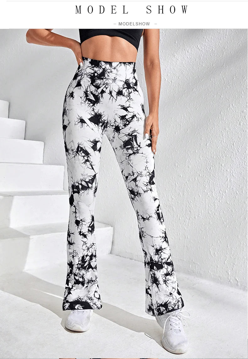 Women Tie Dye Flared Pants Knit Seamless Leggings High Waist Butt Lift Fitness Pants Gym Yoga Cycling Slim Fashion Flared Pants