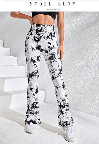Women Tie Dye Flared Pants Knit Seamless Leggings High Waist Butt Lift Fitness Pants Gym Yoga Cycling Slim Fashion Flared Pants