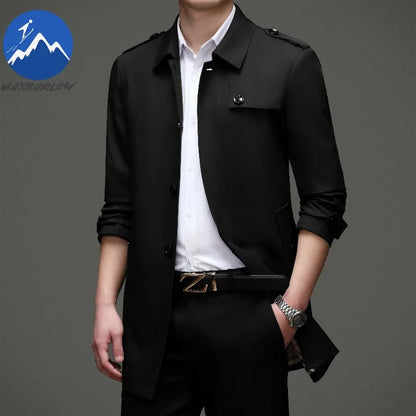 Abrigo tipo gabardina Maxbarley para hombre, estilo coreano, ligero, de lujo, de un solo botón, chaqueta larga cortavientos, colección primavera-otoño 2025, marca, con solapa.