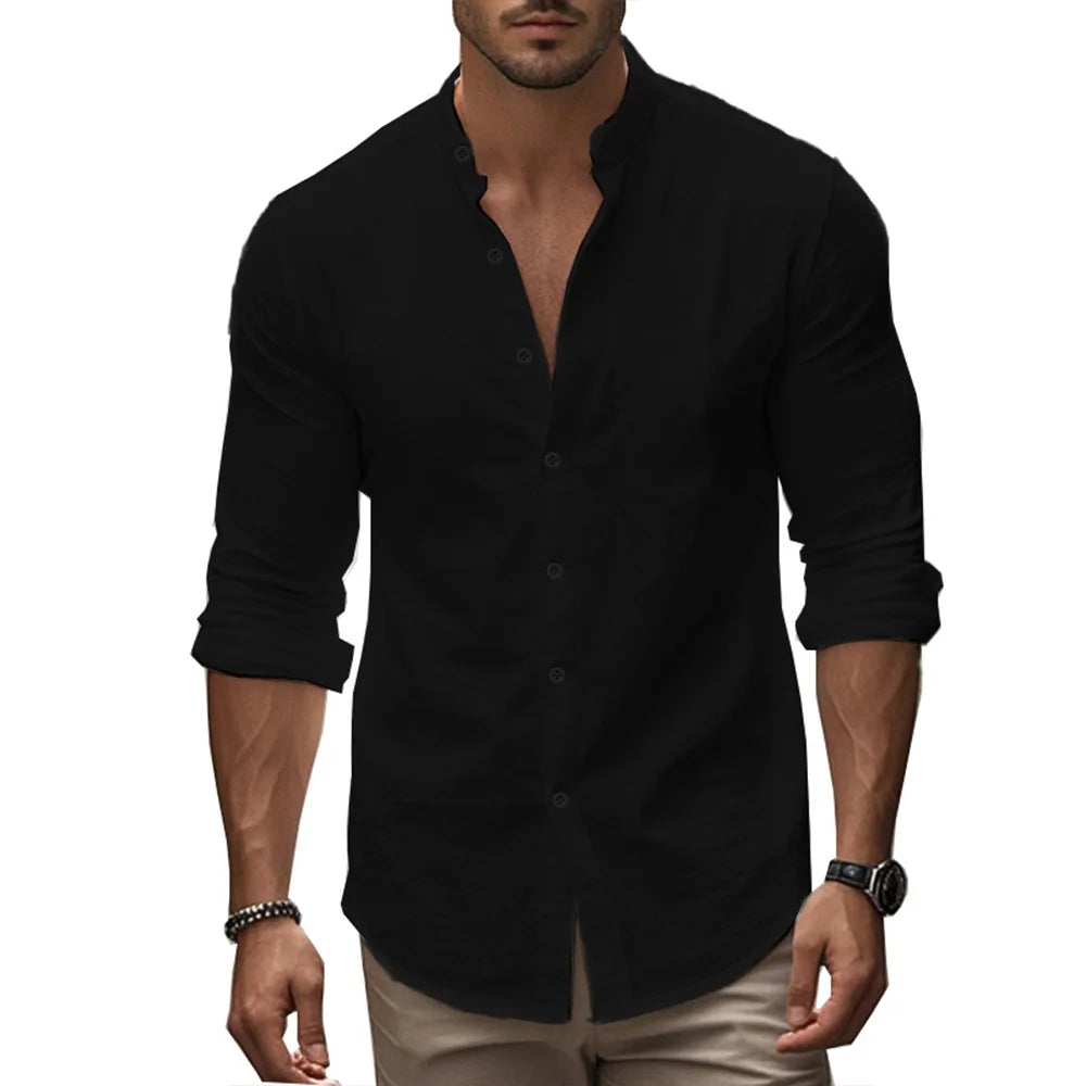 Camisas Henry para hombre, de algodón y lino, corte ajustado, informales, hawaianas, de color liso, estilo básico, para primavera y verano, transpirables.
