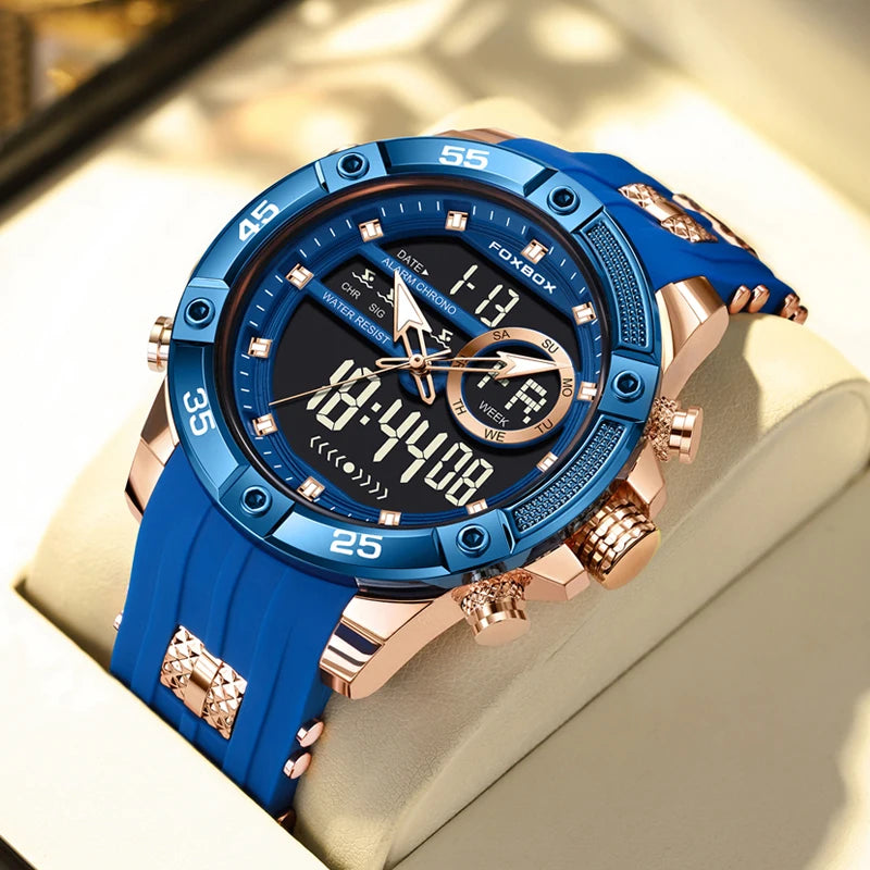 Reloj de pulsera de cuarzo de lujo FOXBOX para hombre, deportivo, impermeable, con doble pantalla, LED digital militar, de acero, para negocios + caja.