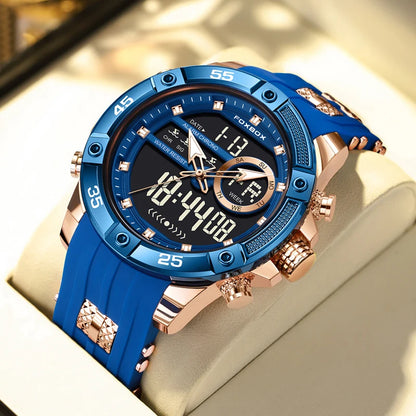 Reloj de pulsera de cuarzo de lujo FOXBOX para hombre, deportivo, impermeable, con doble pantalla, LED digital militar, de acero, para negocios + caja.