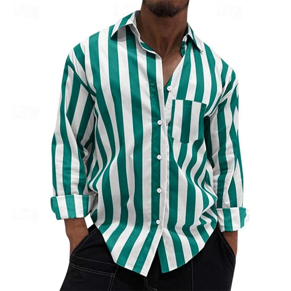 Camisas de rayas para hombre, camisas con solapa estampada y bolsillo, camisas de alta calidad para hombre, ideales para las fiestas y para un estilo informal elegante.