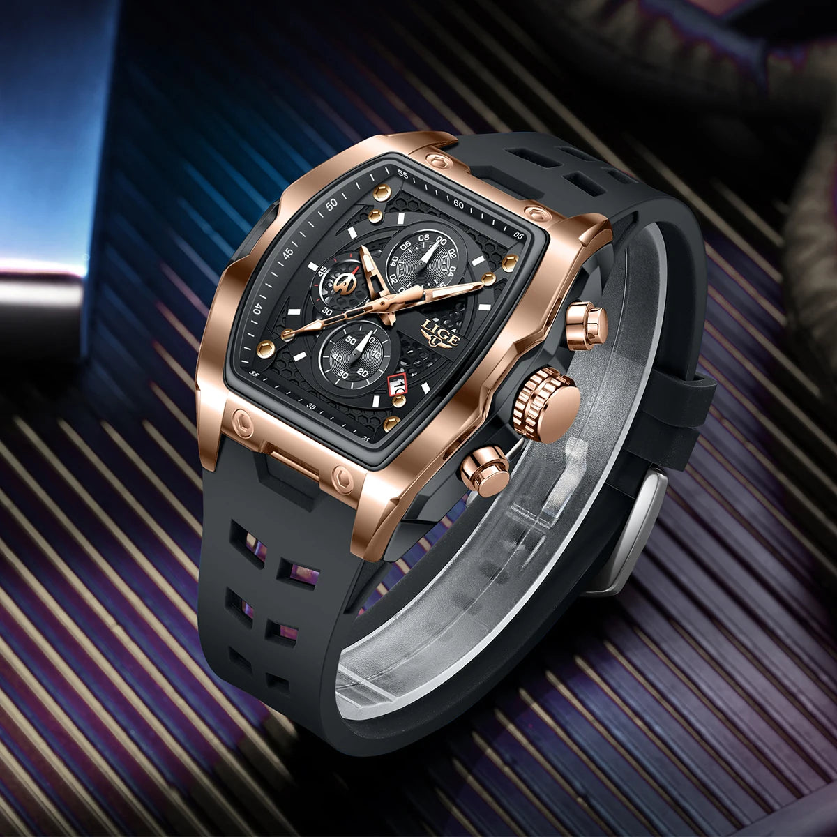 LIGE Reloj de pulsera de cuarzo para hombre, de lujo, resistente al agua, luminoso, cronógrafo, fecha, deportivo, de silicona, con caja