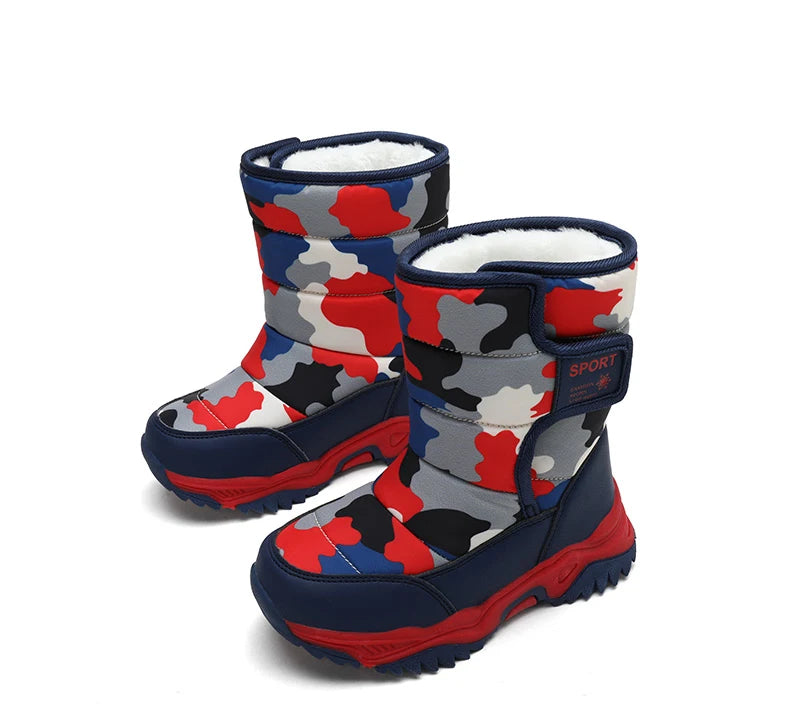 Zapatos de invierno 2025 para niños, de felpa, impermeables, antideslizantes, con suela de goma, botas de nieve cálidas a la moda para exteriores.
