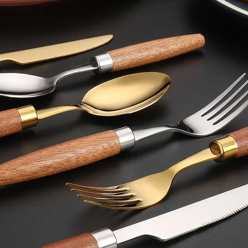 Juego de 4 cubiertos con mango de madera de acero inoxidable, cuchillo, tenedor y cuchara, apto para lavavajillas.