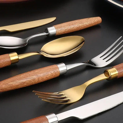Juego de 4 cubiertos con mango de madera de acero inoxidable, cuchillo, tenedor y cuchara, apto para lavavajillas.
