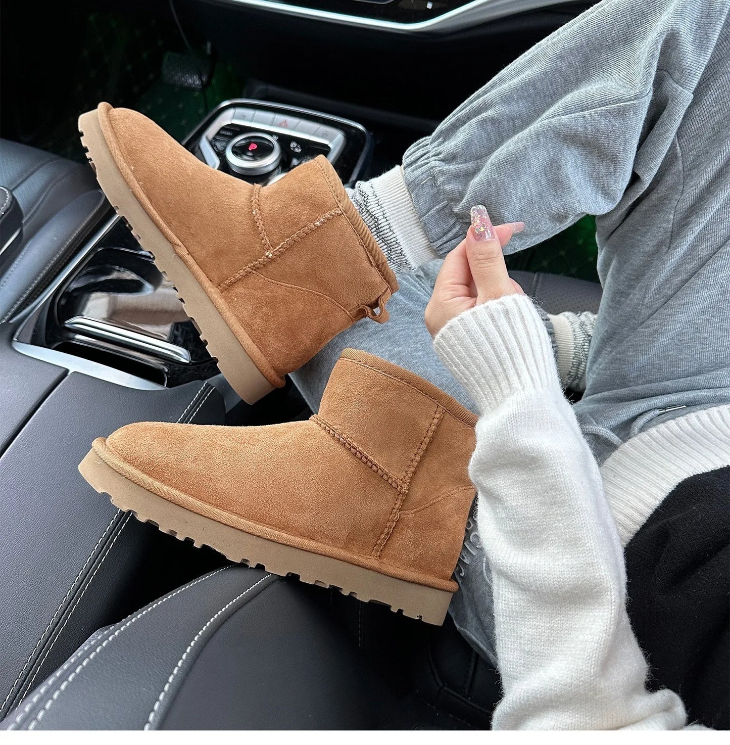 Botas de nieve integradas de piel de oveja y lana para hombres y mujeres, cuero auténtico y piel, botas de invierno gruesas y cálidas para mujer.