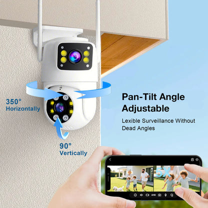 Cámara de seguridad exterior Tuya WiFi PTZ de 10 MP con doble lente, pantalla dual 4K, seguimiento automático y monitoreo de videovigilancia.