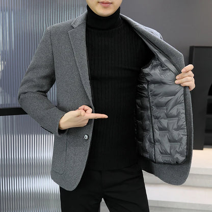 Slim Fit Detachable Down Liner Men's Woolen Coat High Quality 2025 Autumn Winter Casual Solid Color Short Style Warm Wool Jacket