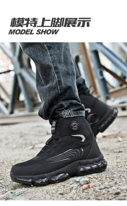 Zapatos de seguridad de caña alta para hombre con botón giratorio, resistentes a impactos y perforaciones, zapatillas de moda para hombre, calzado de seguridad profesional.