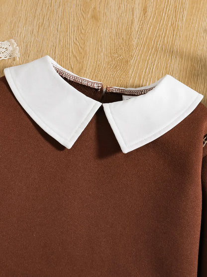 Ropa infantil para primavera y otoño, moda para niñas, lindo conjunto de color liso, top de manga larga con solapa + falda plisada a cuadros dos