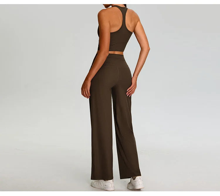 Pantalones de Yoga acanalados para mujer, leggings deportivos para gimnasio, leggings de cintura alta para fitness, pantalones deportivos para correr al aire libre, pierna recta.
