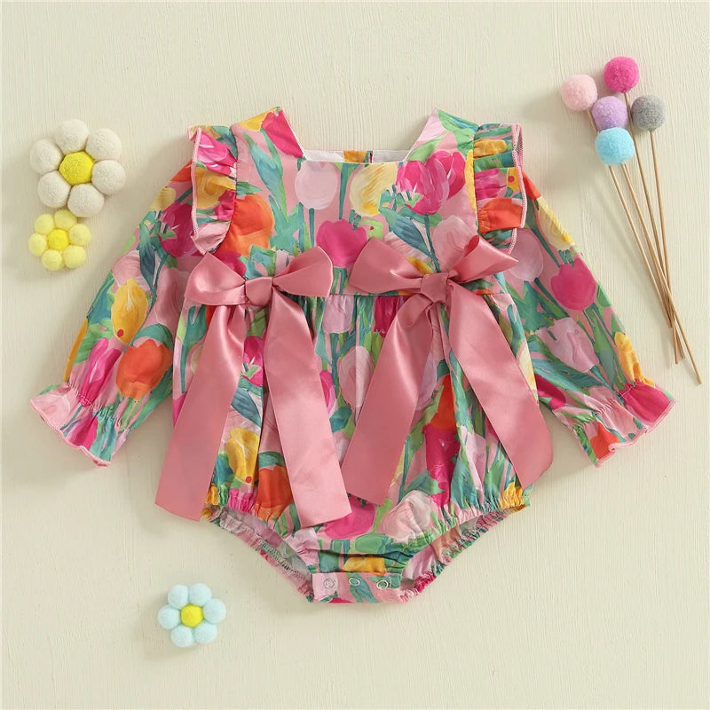 Ropa de bebé para niñas, primavera y otoño, mono con estampado floral y volantes de manga larga, ropa dulce para recién nacidos.