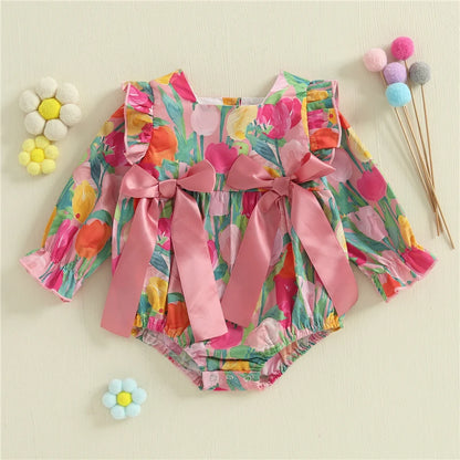 Ropa de bebé para niñas, primavera y otoño, mono con estampado floral y volantes de manga larga, ropa dulce para recién nacidos.