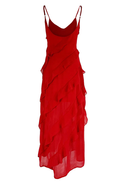Vestido largo de gasa con volantes para mujer, estilo maxi, con espalda descubierta y abertura, ideal para fiestas de graduación, bodas y eventos de verano. Vestido largo y elegante.