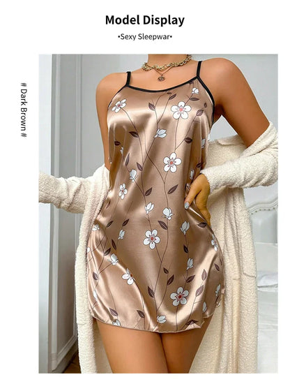 Camisón de satén con estampado floral para mujer, ropa de dormir informal sin mangas y sin espalda, sexy, para el hogar