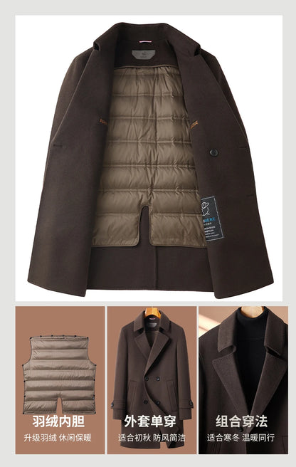 Abrigo de lana de doble faz para hombre, suave y cálido, ideal como prenda esencial. Incluye chaleco de plumas y forro. Color negro café. Estilo clásico.