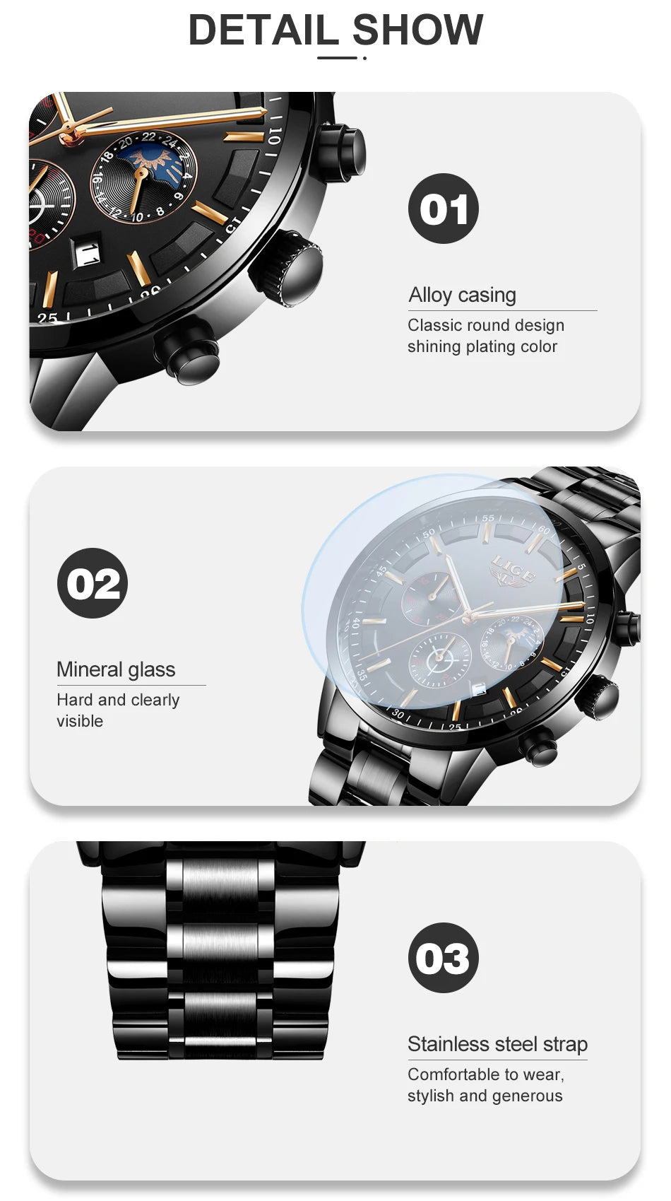 LIGE - Reloj de negocios para hombre, de cuarzo, de lujo, resistente al agua, 3 barras, cronógrafo luminoso, regalo + caja