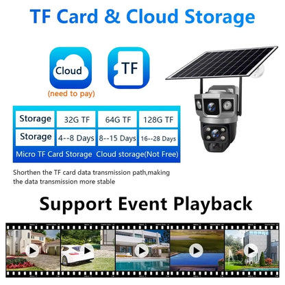 Cámara solar exterior V380Pro de 12 MP con IP 4G/WiFi, visión nocturna HD, seguimiento PTZ, detección de movimiento PIR y seguridad para el hogar (CCTV inteligente).