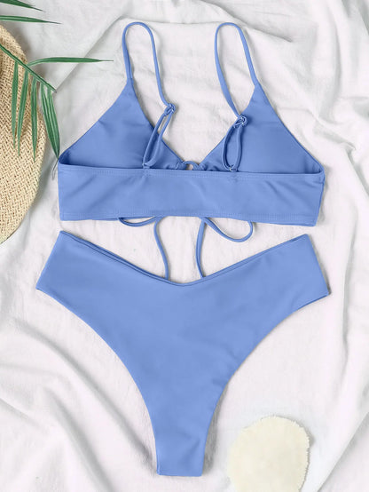 Nuevo conjunto de bikini de alta elasticidad para verano de 2025, dos piezas, color sólido, con cordones, traje de baño sexy para mujer, traje de baño de playa.